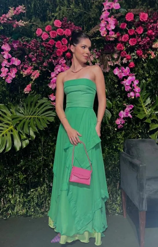 Elegant A-Line Strapless Sleeveless Ruffled Floor-Length Evening Dress