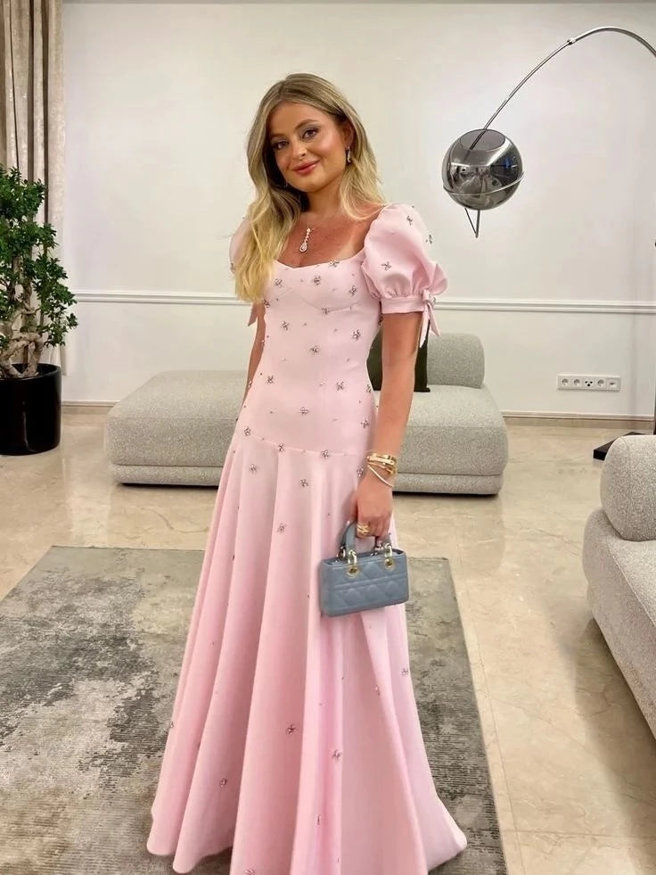 Elegant A-Line Sweetheart Puff-Sleeve Open Back Maxi Evening Dress