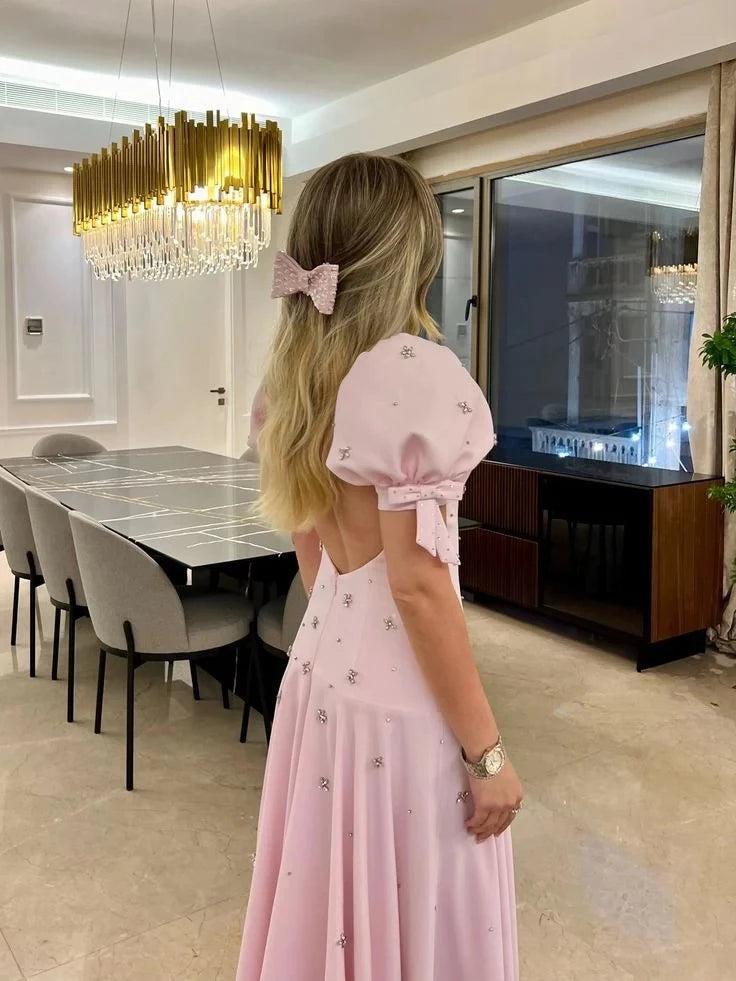 Elegant A-Line Sweetheart Puff-Sleeve Open Back Maxi Evening Dress