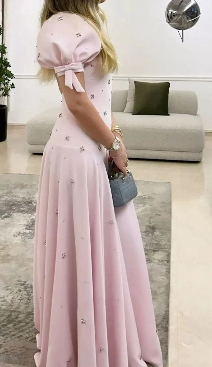 Elegant A-Line Sweetheart Puff-Sleeve Open Back Maxi Evening Dress