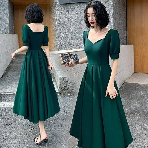 Elegant A-Line Sweetheart Puff Sleeve Plain Back Midi Formal Evening Dress