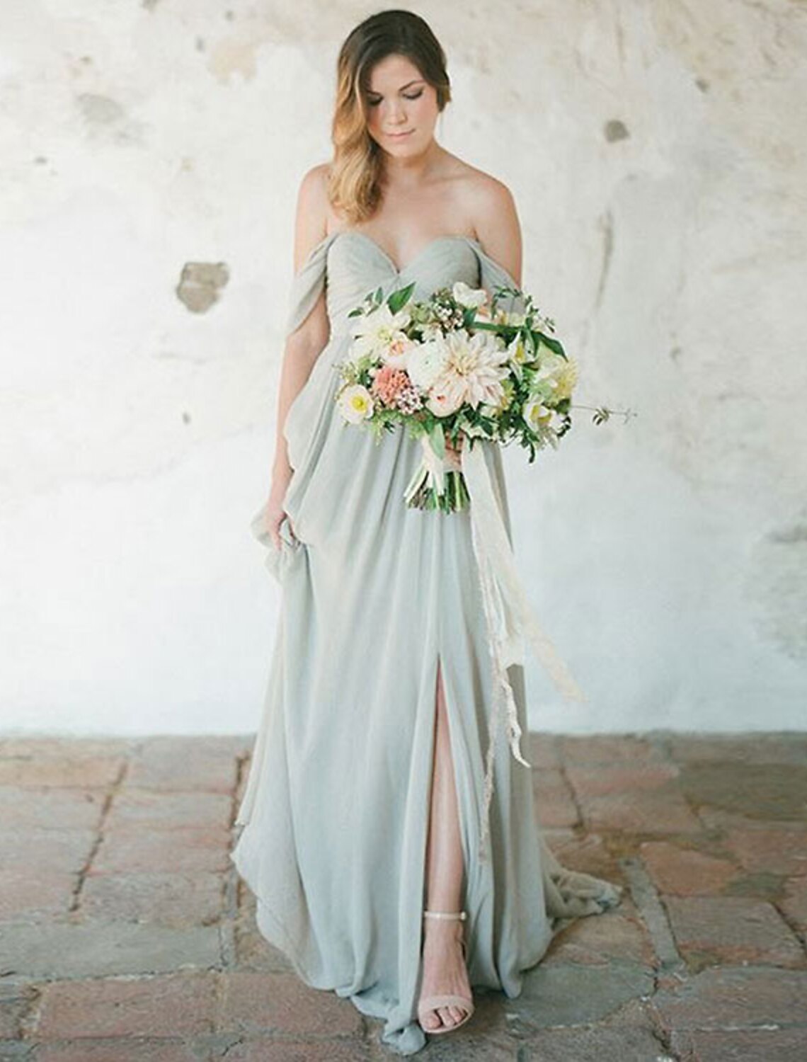 Elegant A-Line Sweetheart Short Sleeve Chiffon Pleated Split Floor Length Bridesmaid Dress.