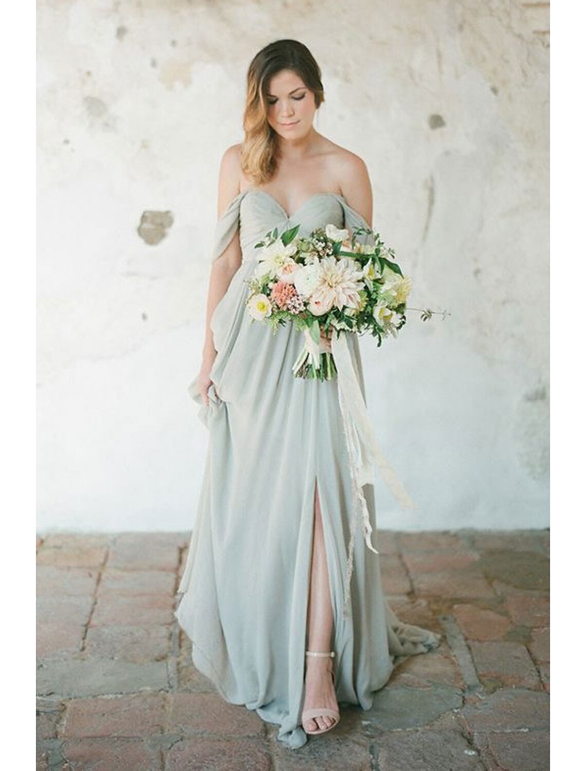 Elegant A-Line Sweetheart Short Sleeve Chiffon Pleated Split Floor Length Bridesmaid Dress.