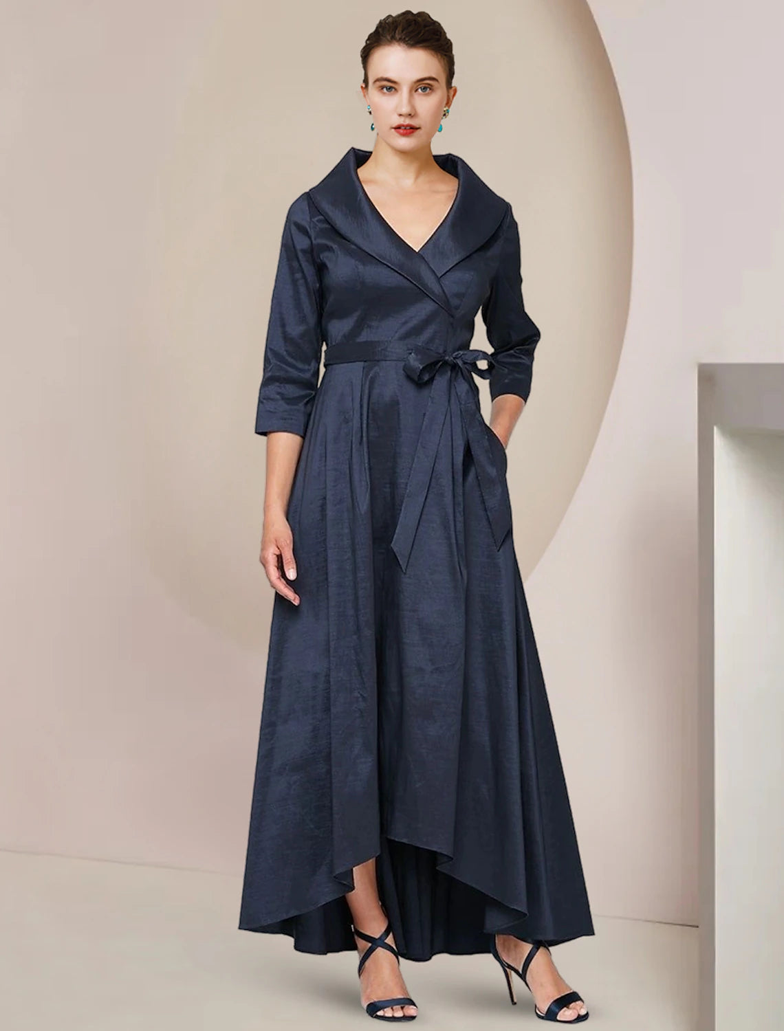 Elegant A-Line taffeta dress with shirt collar and asymmetrical ankle length.