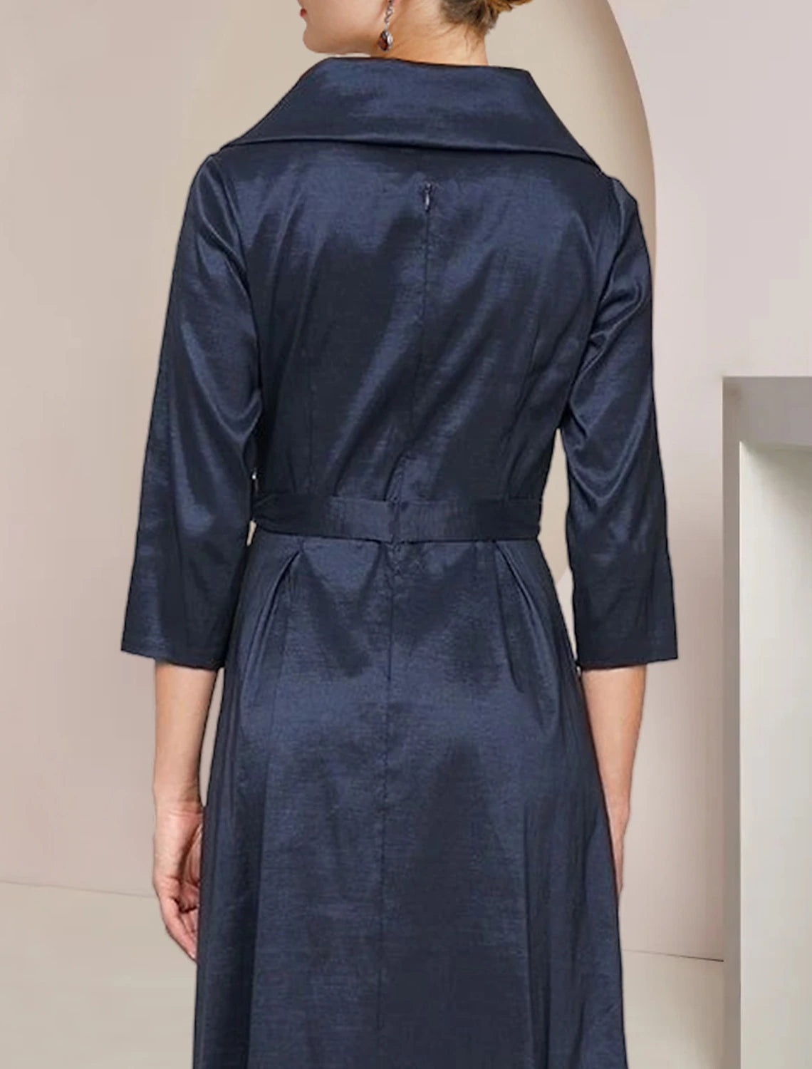 Side view of the A-Line taffeta dress, highlighting the asymmetrical design.