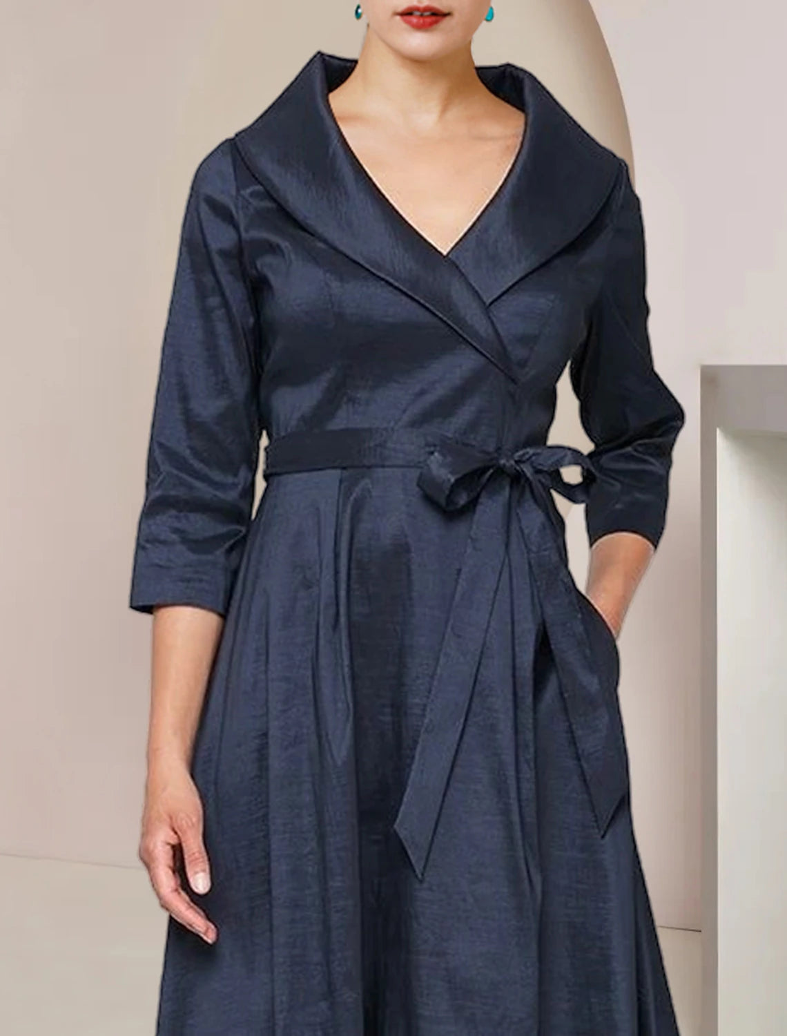 Close-up of the A-Line dress showing the shirt collar and taffeta fabric.