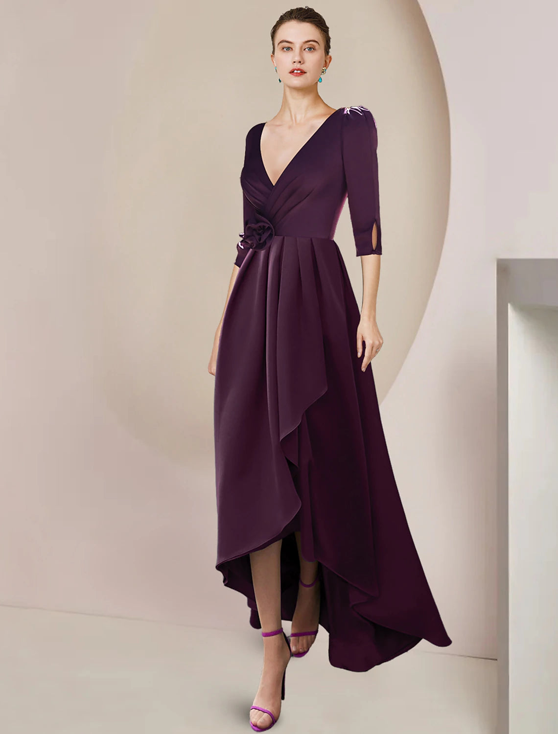 Elegant A-Line V-Neck 3/4 sleeve chiffon gown, front view.