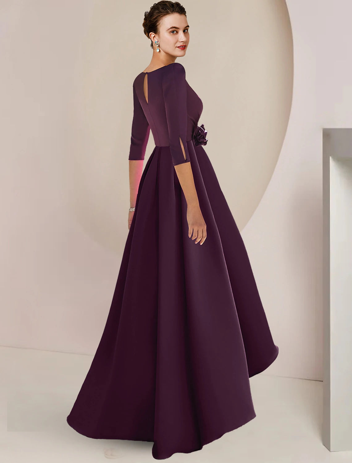 Elegant A-Line V-Neck 3/4 sleeve chiffon gown, side view.