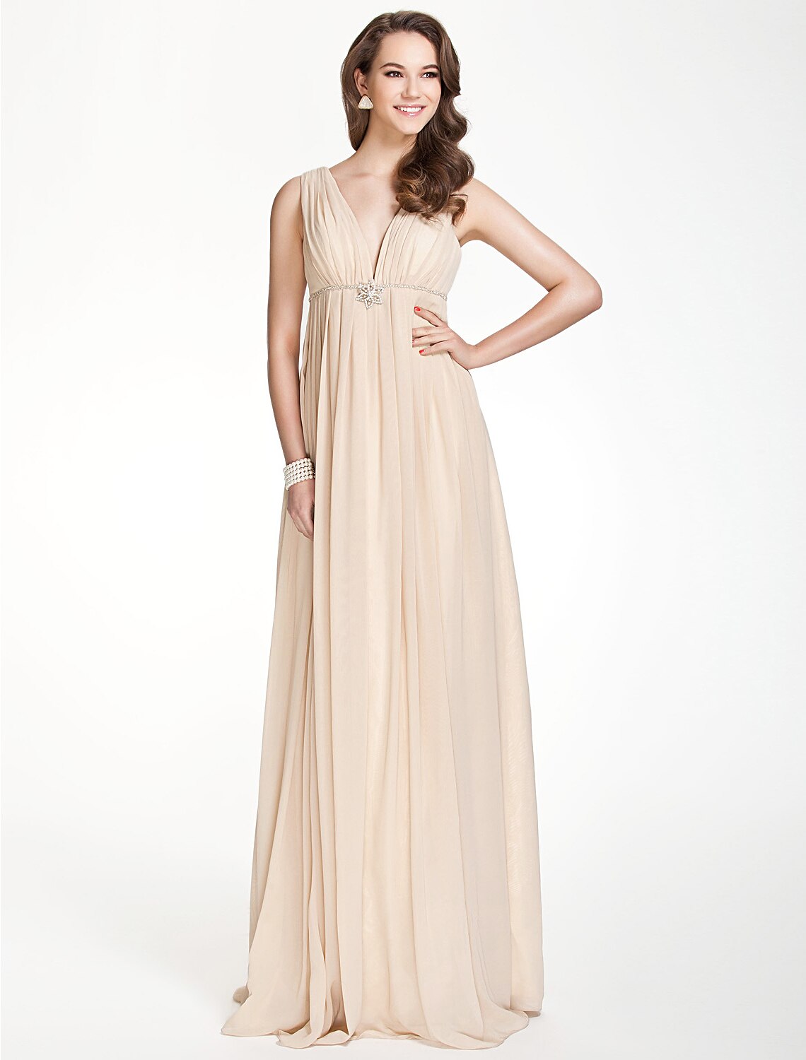 Elegant A-Line V-Neck Chiffon Bridesmaid Dress with Pleats and Beading.