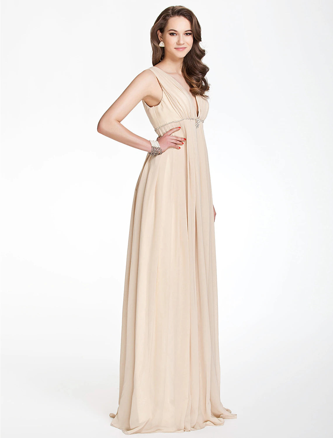 Elegant A-Line V-Neck Chiffon Bridesmaid Dress with Pleats and Beading.