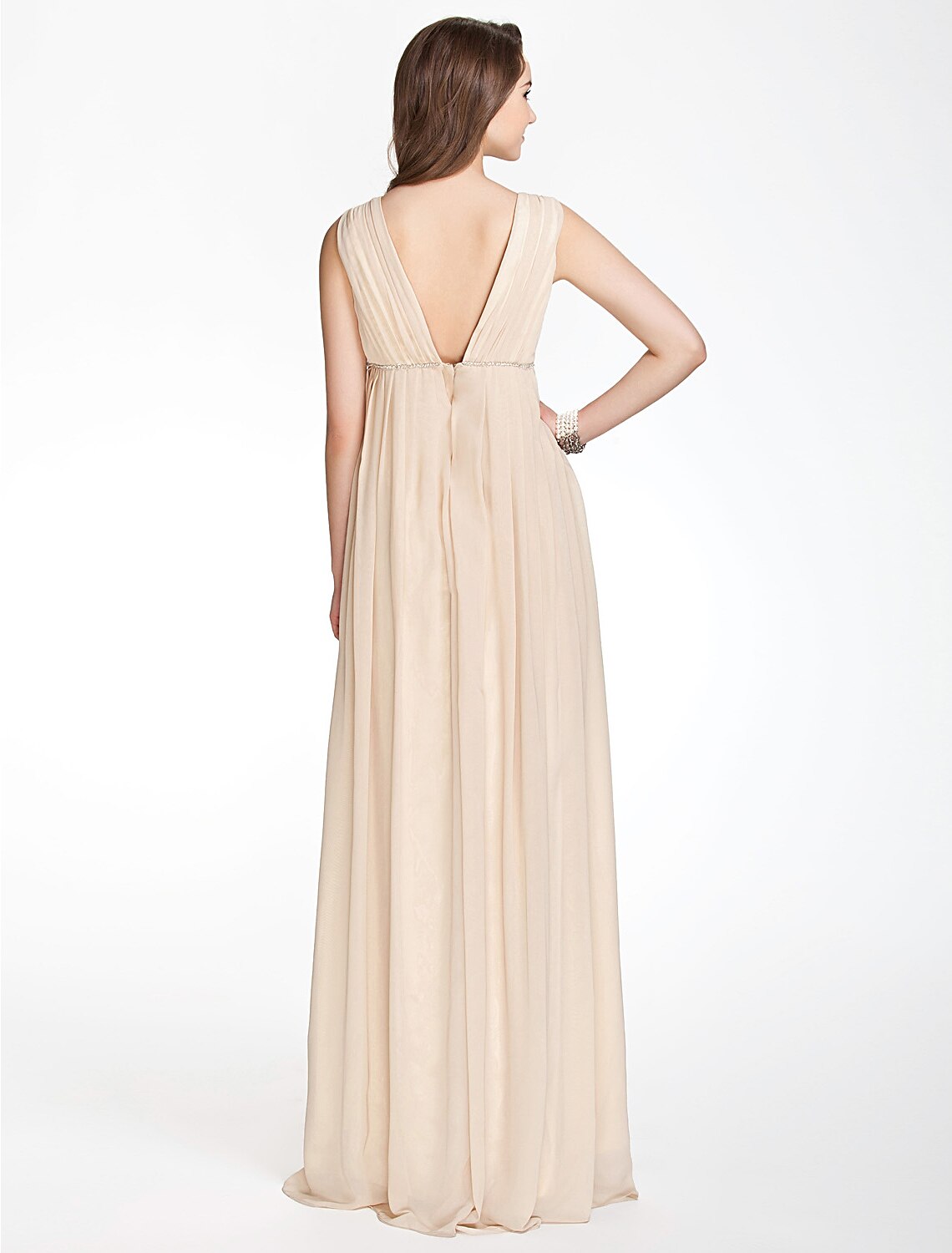 Elegant A-Line V-Neck Chiffon Bridesmaid Dress with Pleats and Beading.