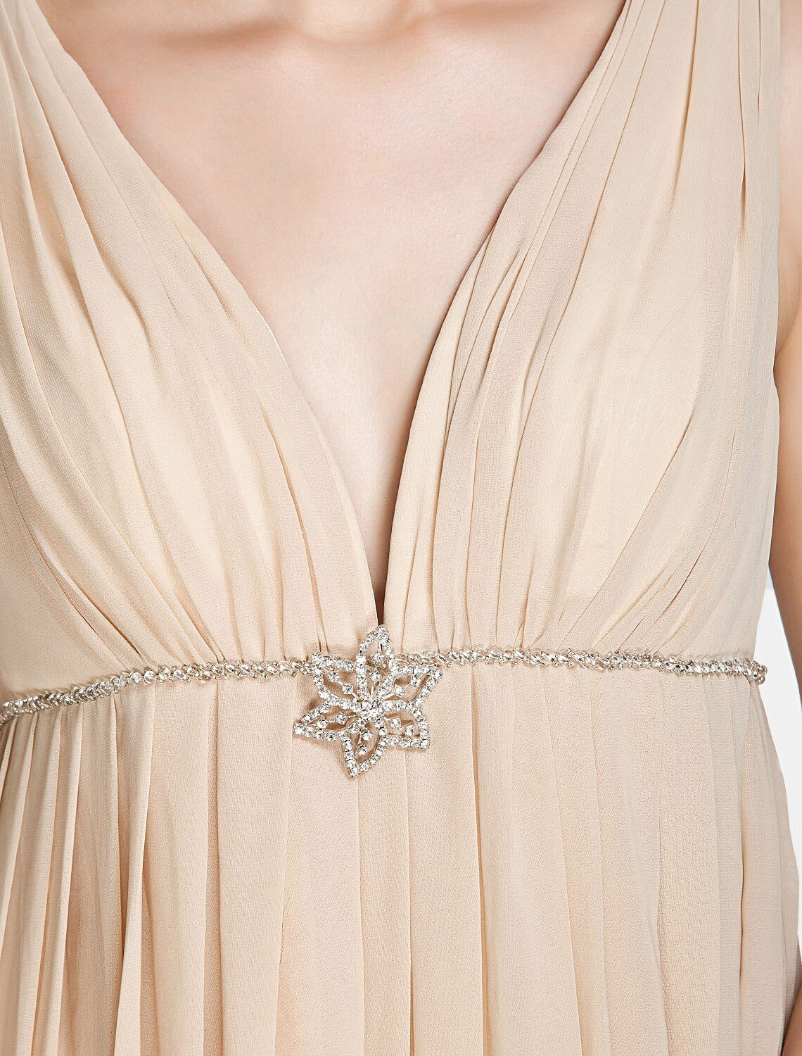 Elegant A-Line V-Neck Chiffon Bridesmaid Dress with Pleats and Beading.