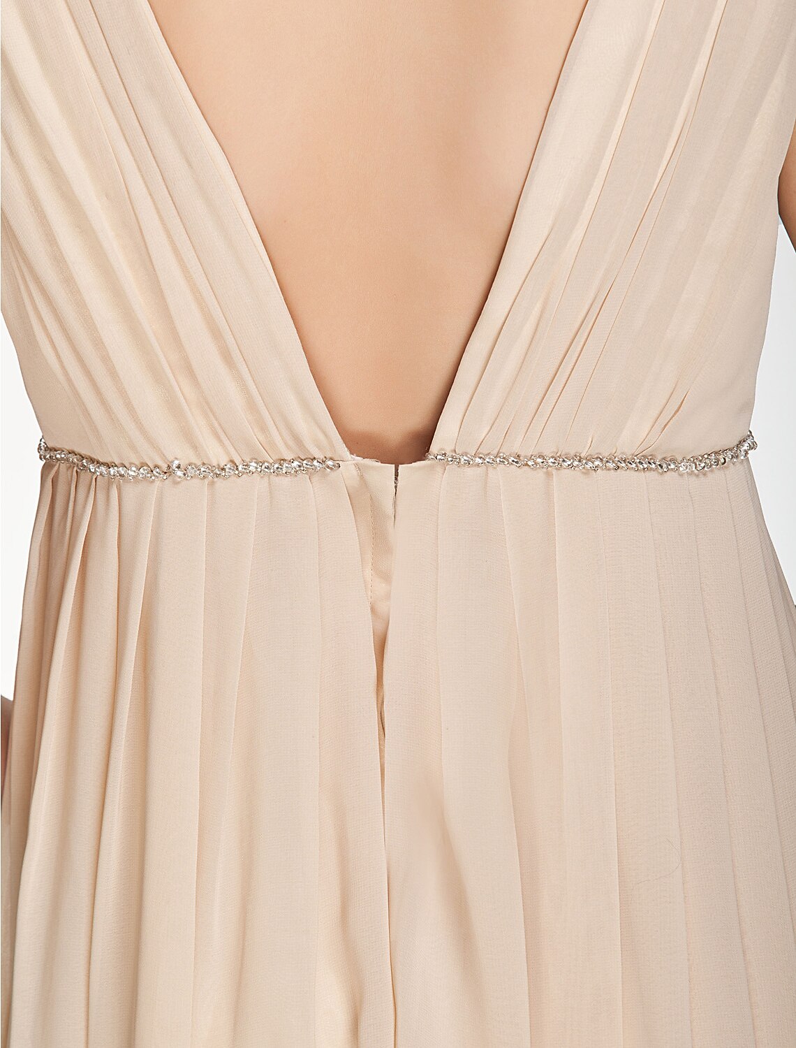 Elegant A-Line V-Neck Chiffon Bridesmaid Dress with Pleats and Beading.