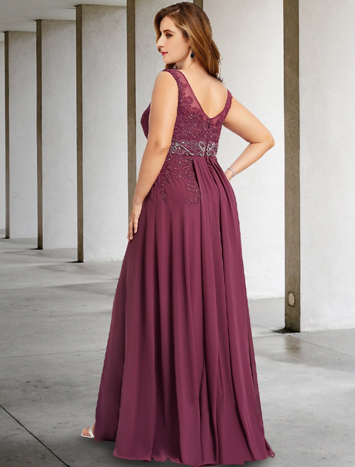 Elegant A-Line V-Neck Chiffon Formal Mother of the Bride Gown.