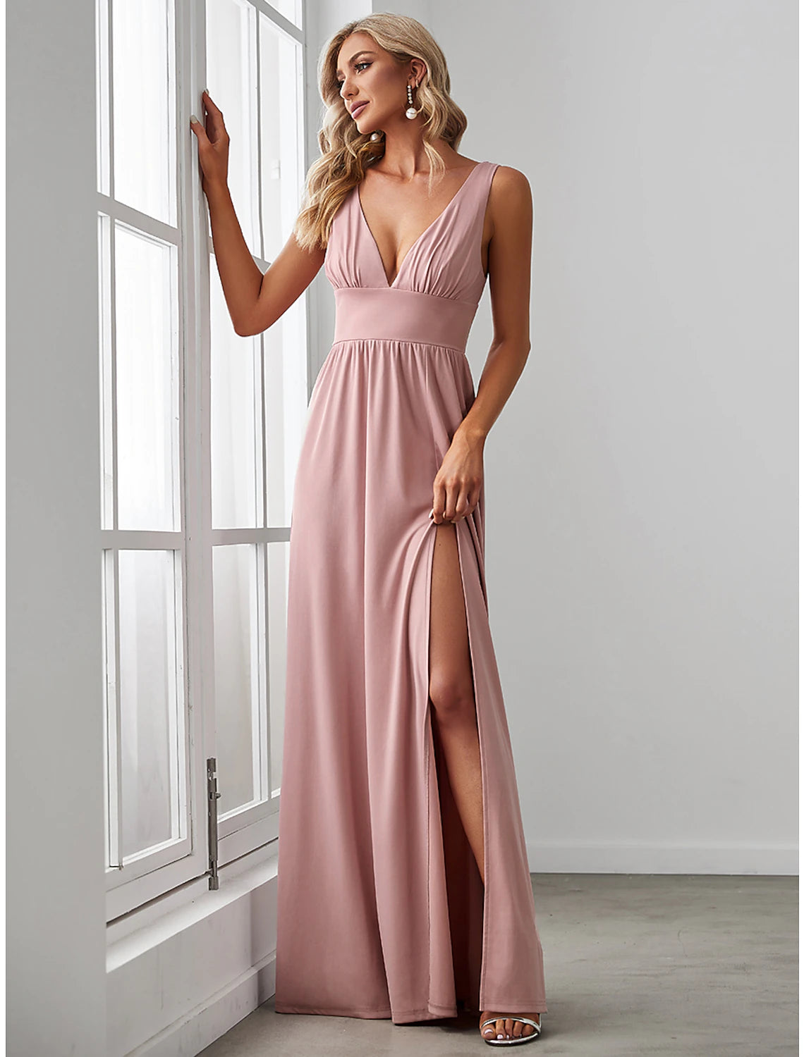 Elegant A-Line V-Neck Chiffon High Split Floor-Length Prom Dress.