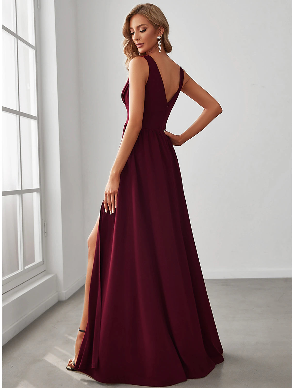Elegant A-Line V-Neck Chiffon High Split Floor-Length Prom Dress.