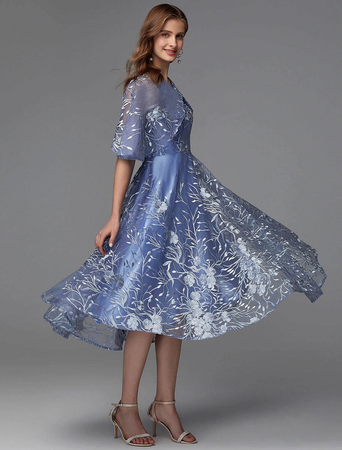 Elegant A-Line V-Neck Floral Lace Tea Length Dress for Wedding Guests.