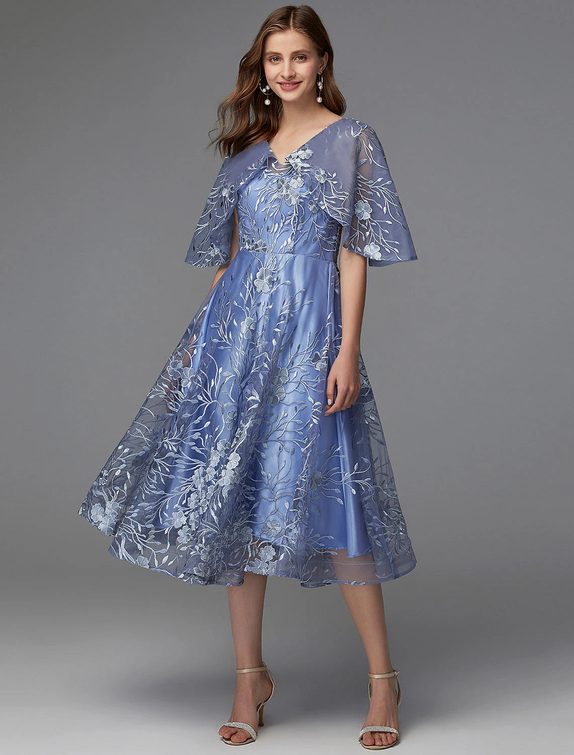 Elegant A-Line V-Neck Floral Lace Tea Length Dress for Wedding Guests.