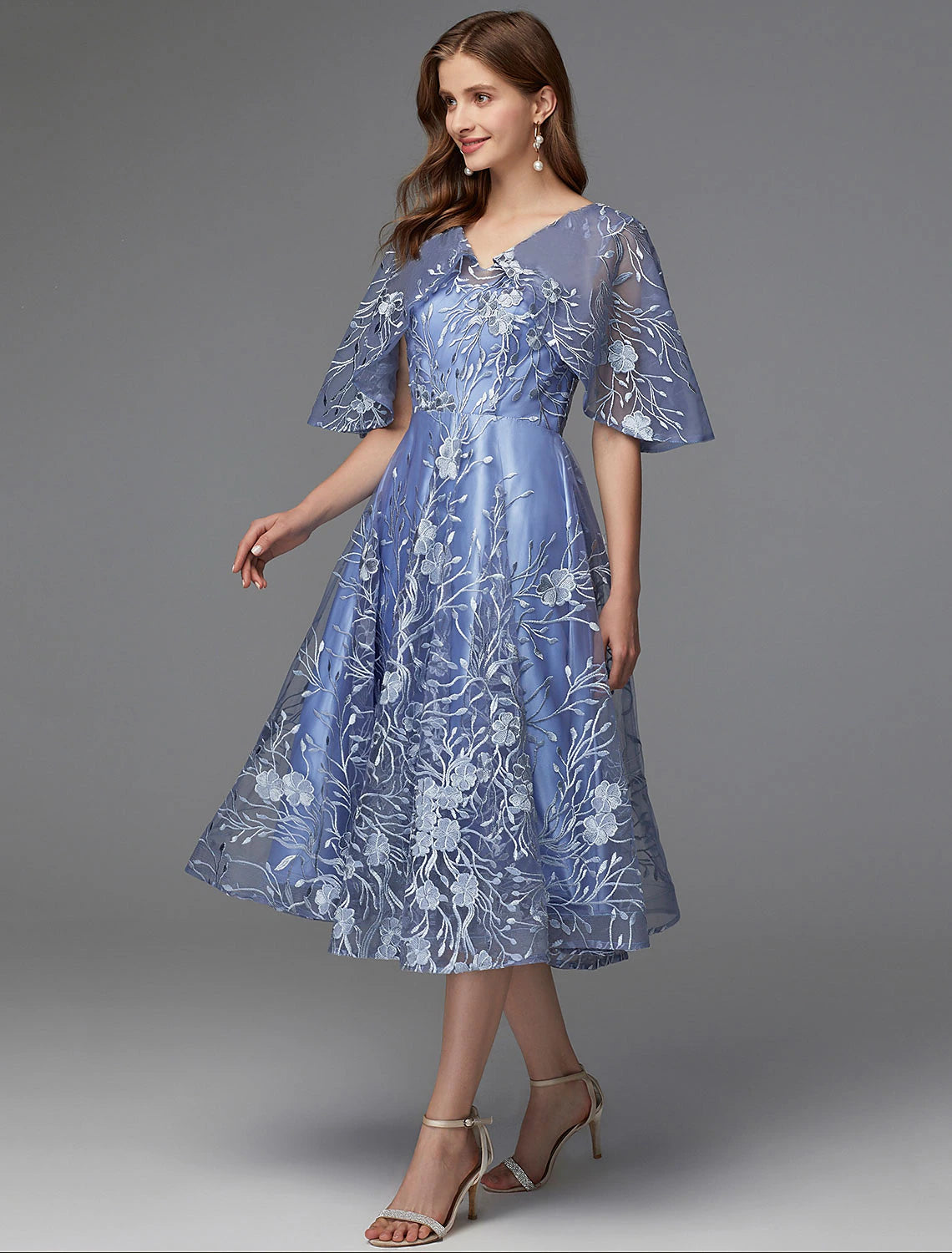 Elegant A-Line V-Neck Floral Lace Tea Length Dress for Wedding Guests.