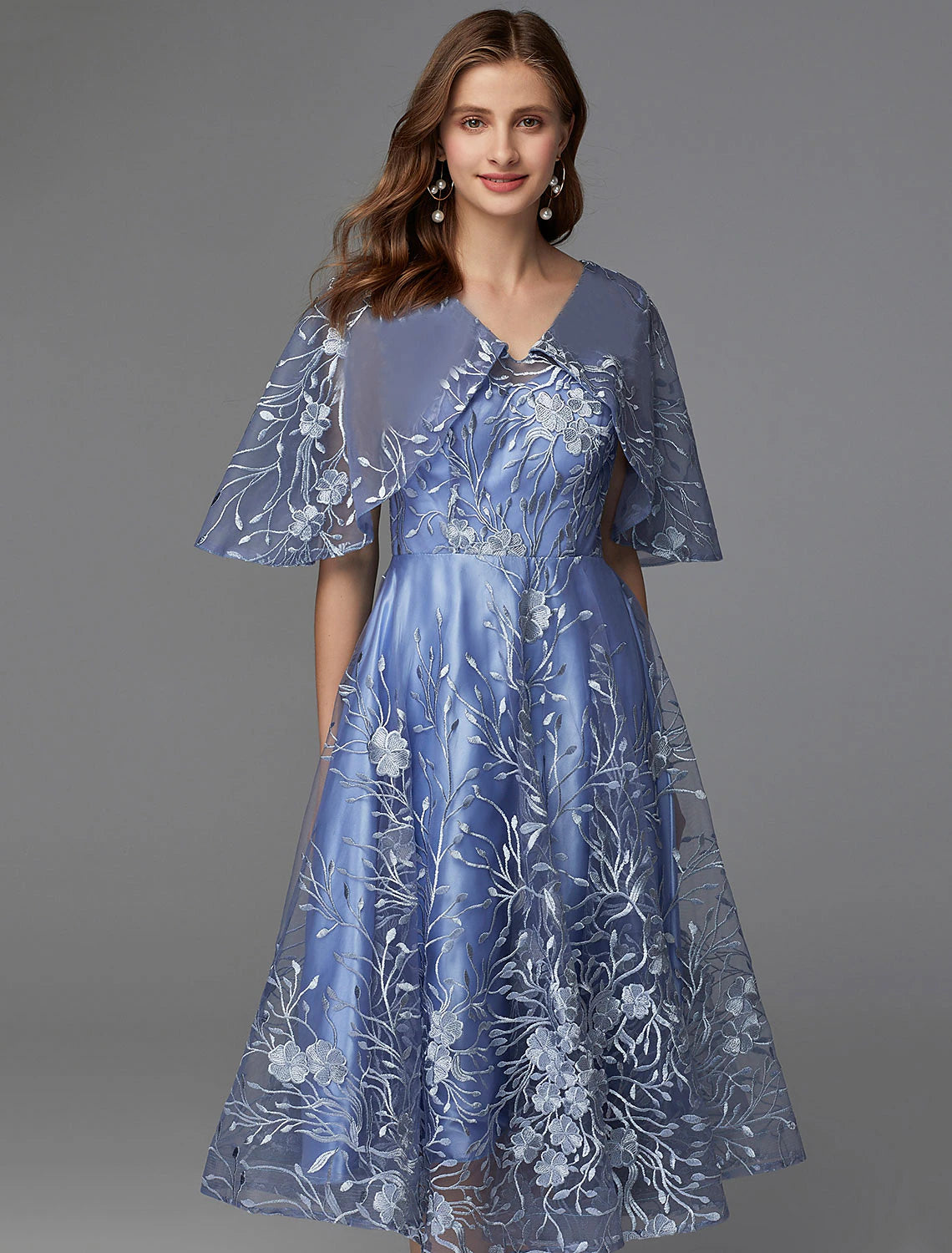 Elegant A-Line V-Neck Floral Lace Tea Length Dress for Wedding Guests.