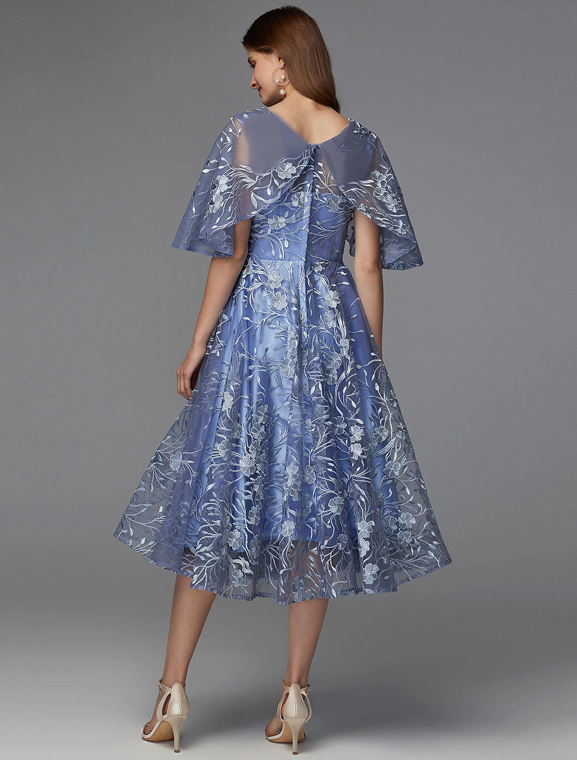 Elegant A-Line V-Neck Floral Lace Tea Length Dress for Wedding Guests.