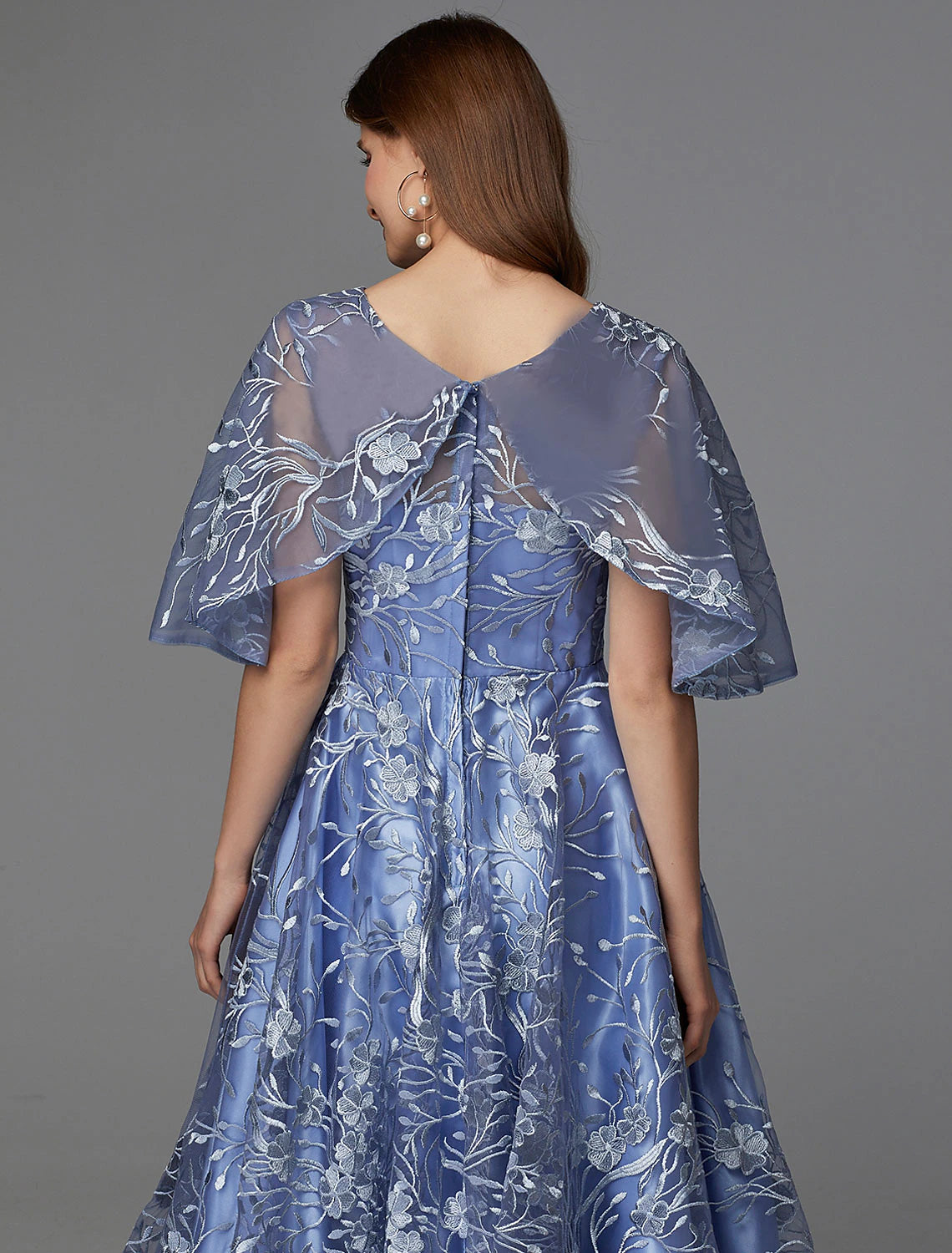 Elegant A-Line V-Neck Floral Lace Tea Length Dress for Wedding Guests.