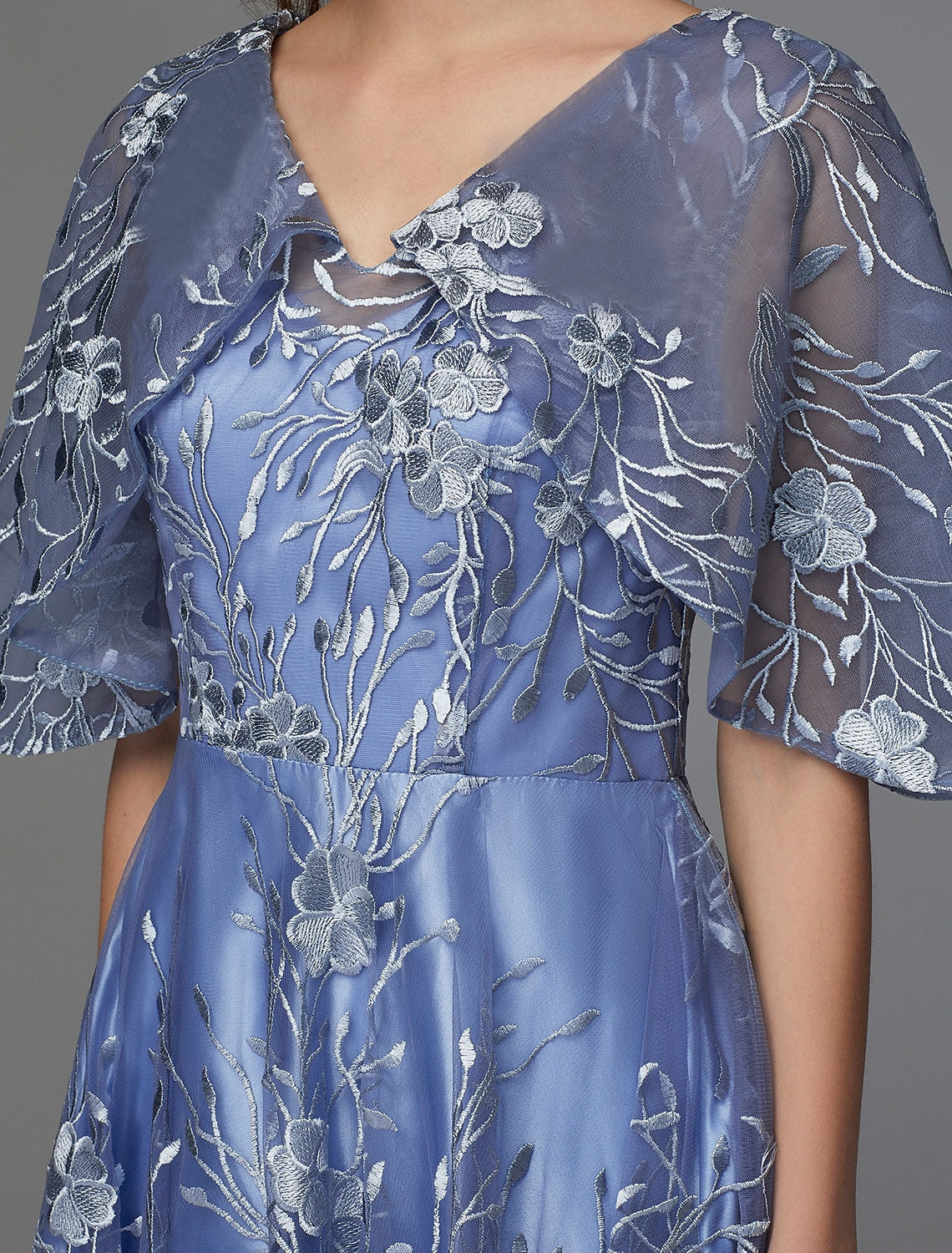 Elegant A-Line V-Neck Floral Lace Tea Length Dress for Wedding Guests.