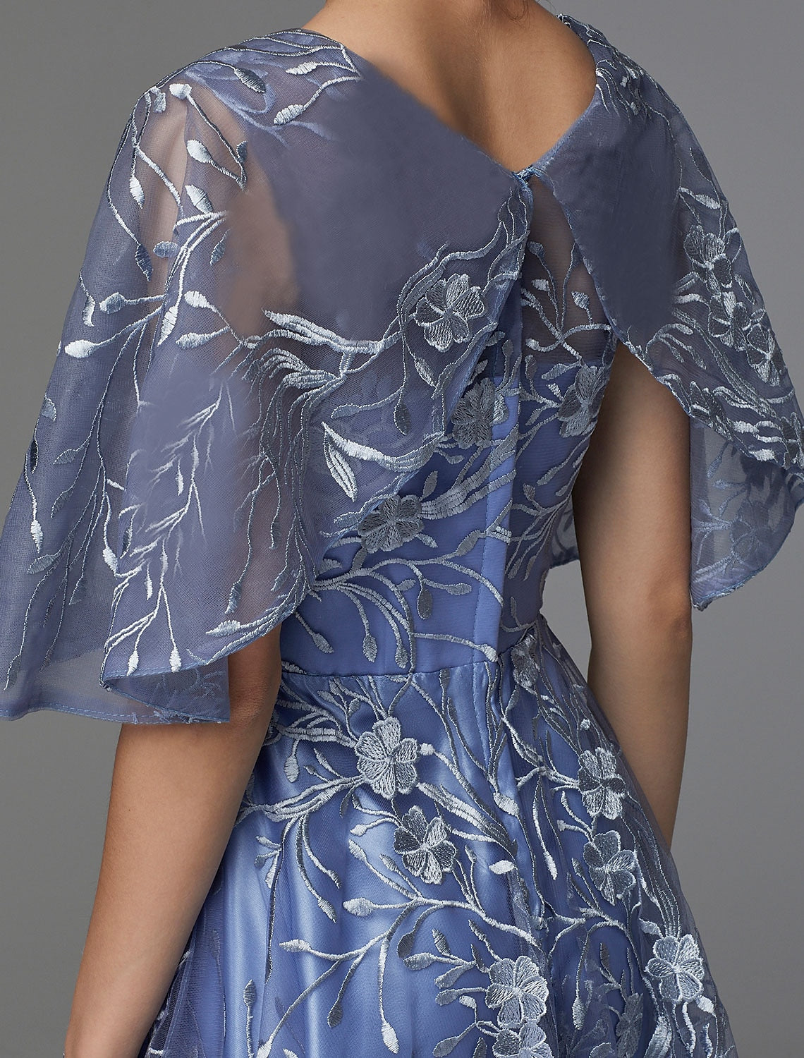 Elegant A-Line V-Neck Floral Lace Tea Length Dress for Wedding Guests.