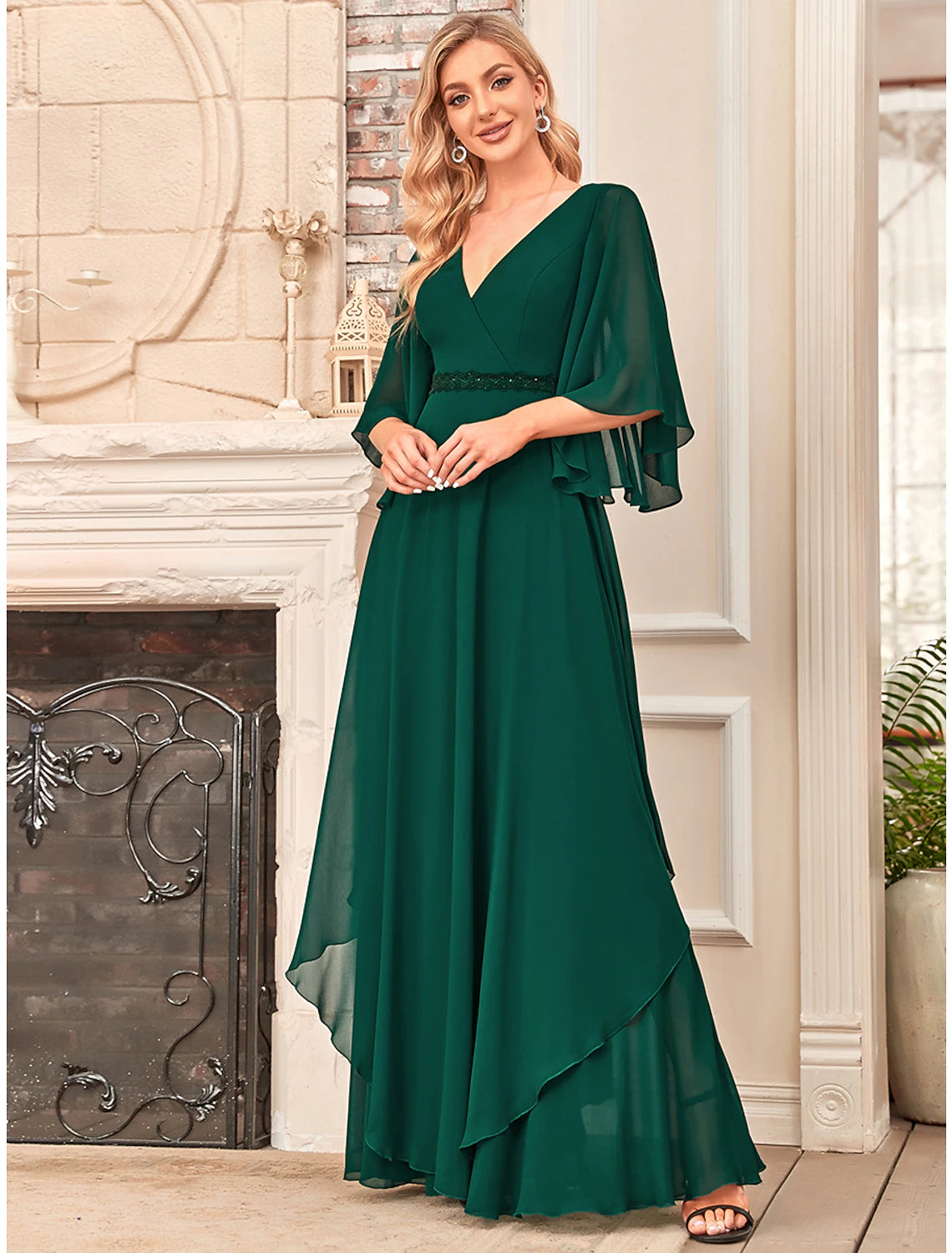 Elegant A-Line V-Neck Half Sleeve Chiffon Floor Length Mother of the Bride Dress.