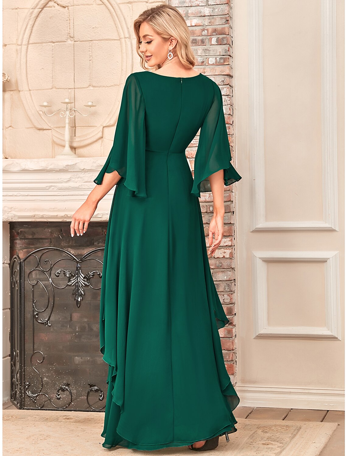 Elegant A-Line V-Neck Half Sleeve Chiffon Floor Length Mother of the Bride Dress.