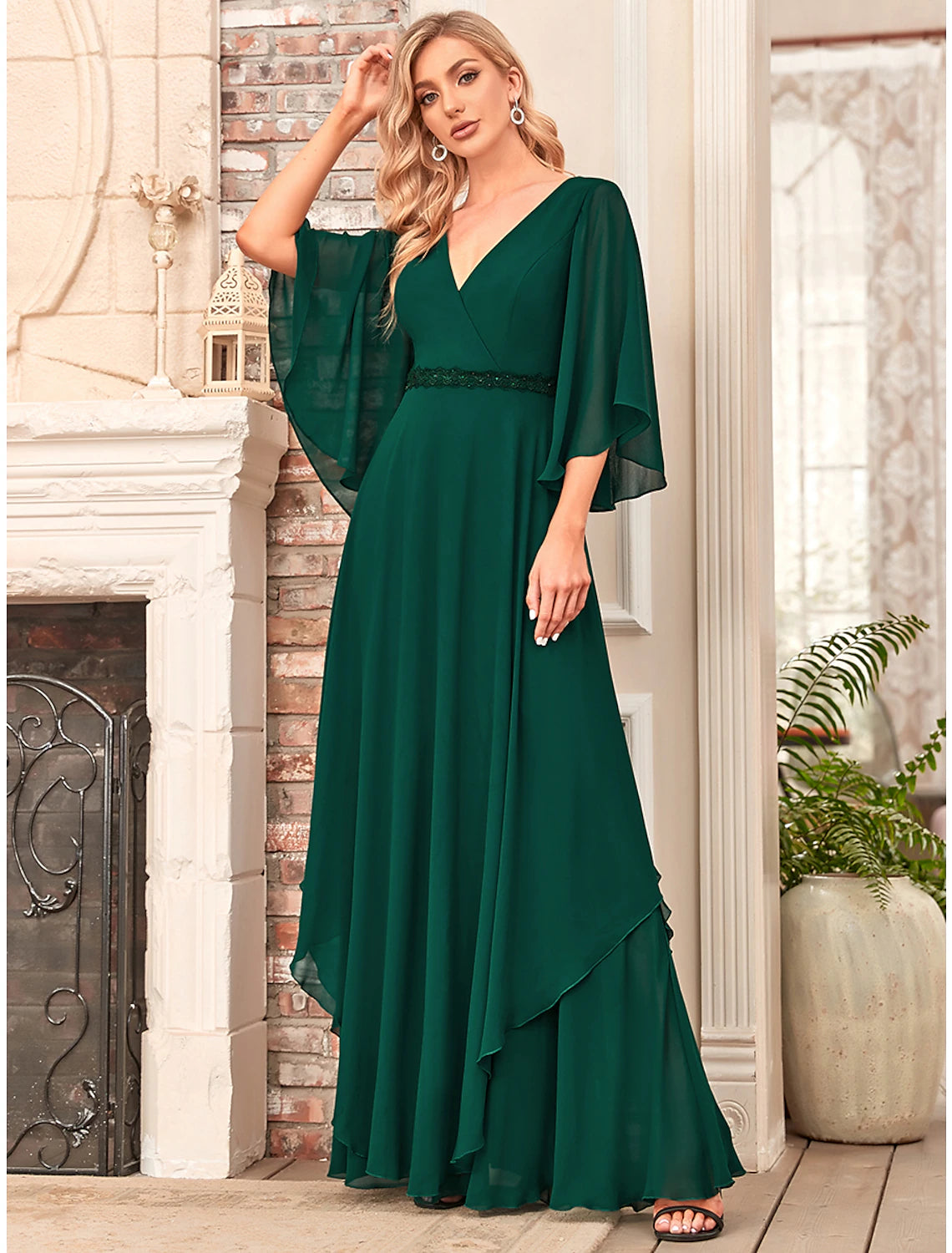 Elegant A-Line V-Neck Half Sleeve Chiffon Floor Length Mother of the Bride Dress.