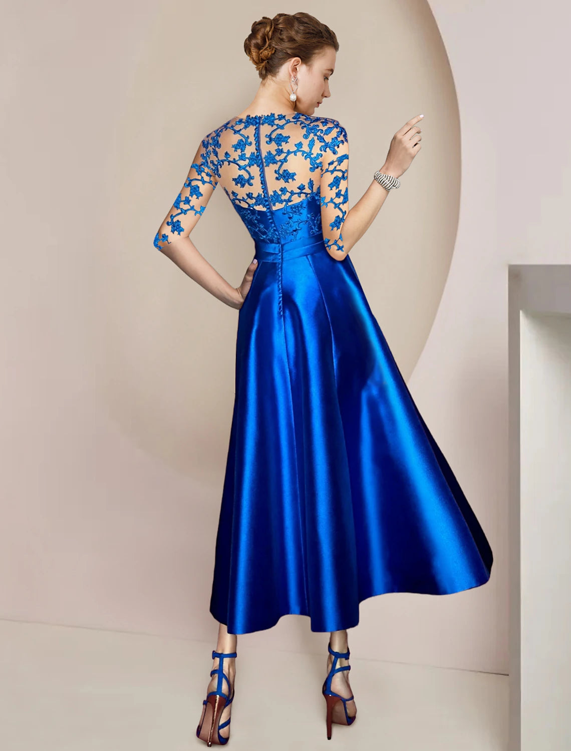 Elegant A-Line V-Neck Half Sleeve Satin Lace Tea Length Dress.