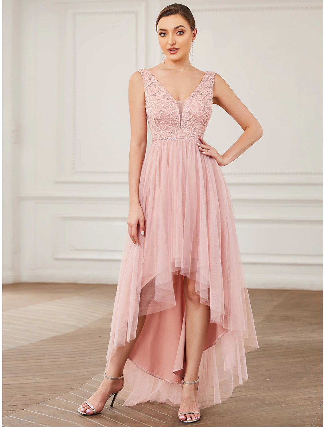 Elegant A-Line V-Neck lace and tulle short bridesmaid dress with ruching.