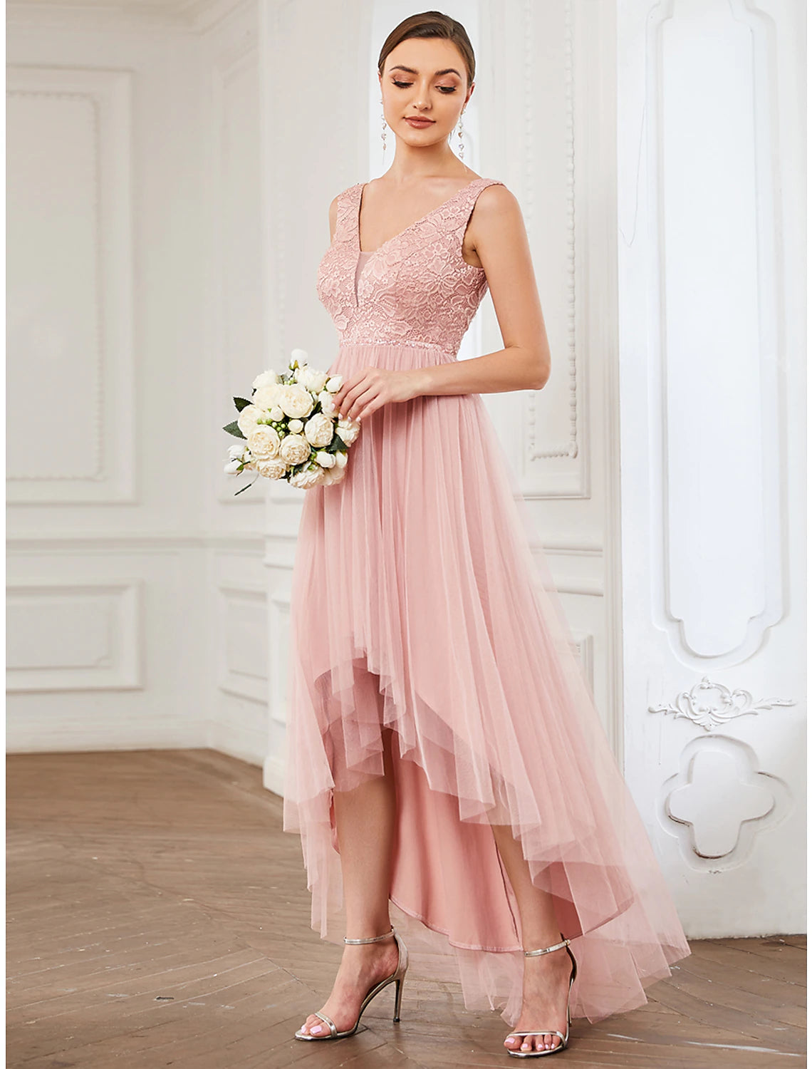 Elegant A-Line V-Neck lace and tulle short bridesmaid dress with ruching.
