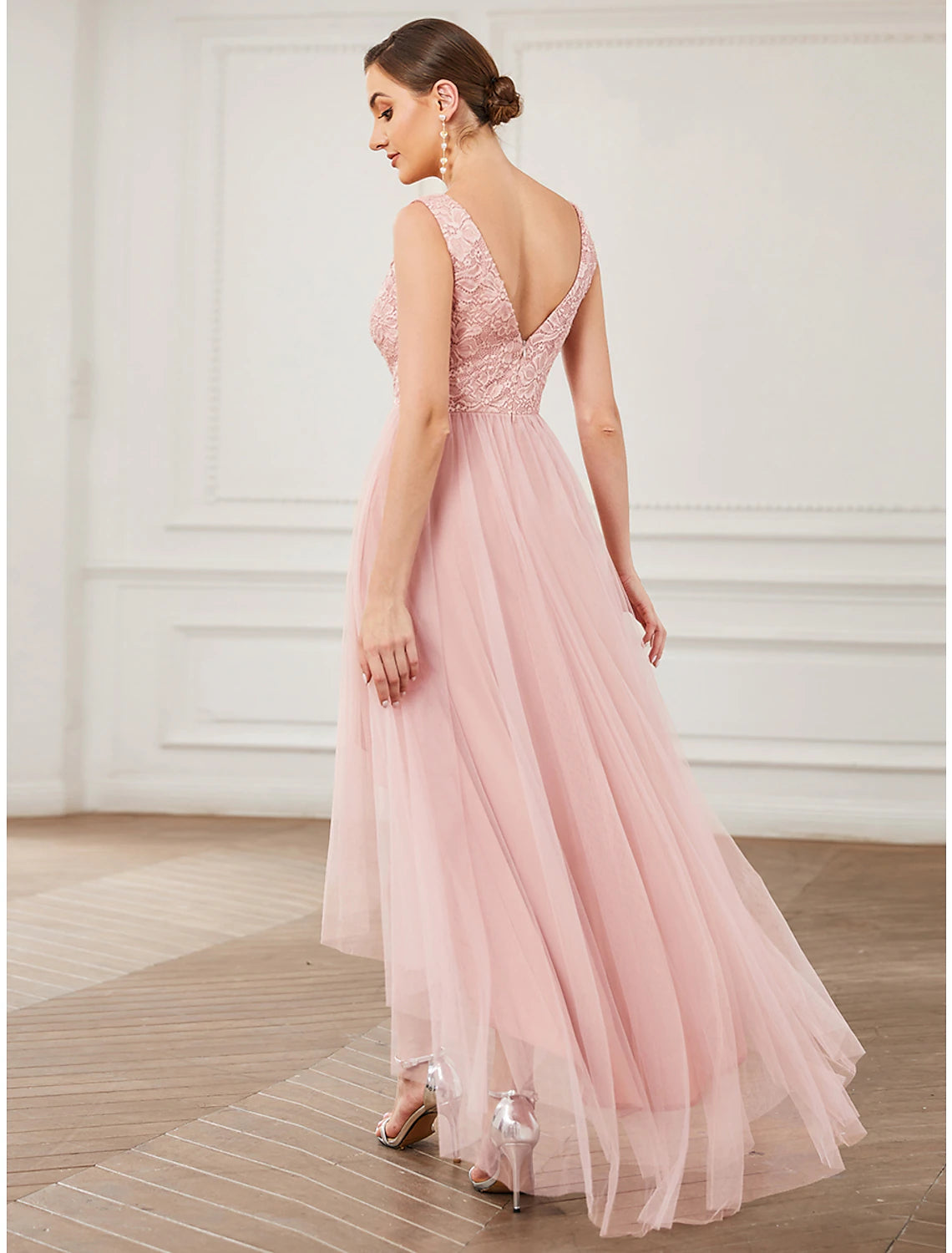 Elegant A-Line V-Neck lace and tulle short bridesmaid dress with ruching.