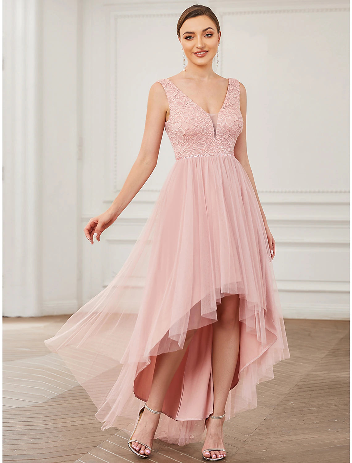 Elegant A-Line V-Neck lace and tulle short bridesmaid dress with ruching.