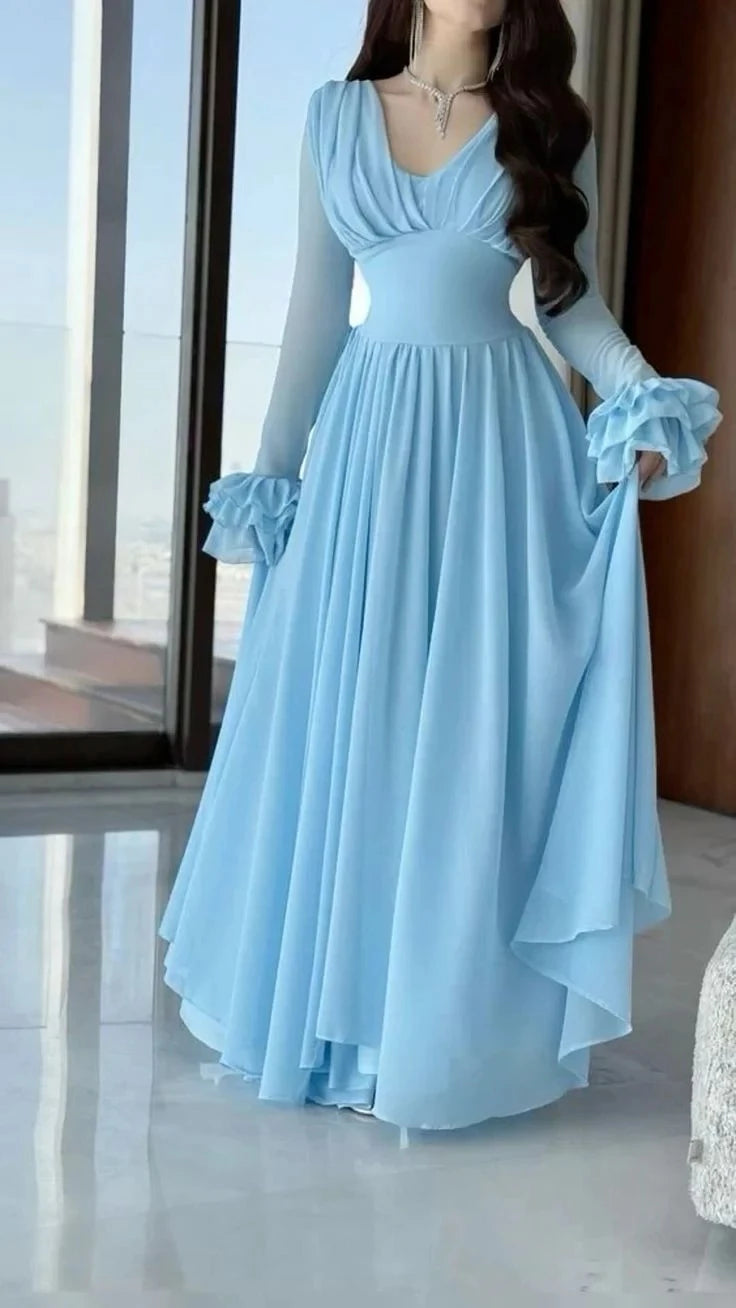 Elegant A-Line V-Neck Long Sleeve Open Back Ruched Chiffon Evening Dress