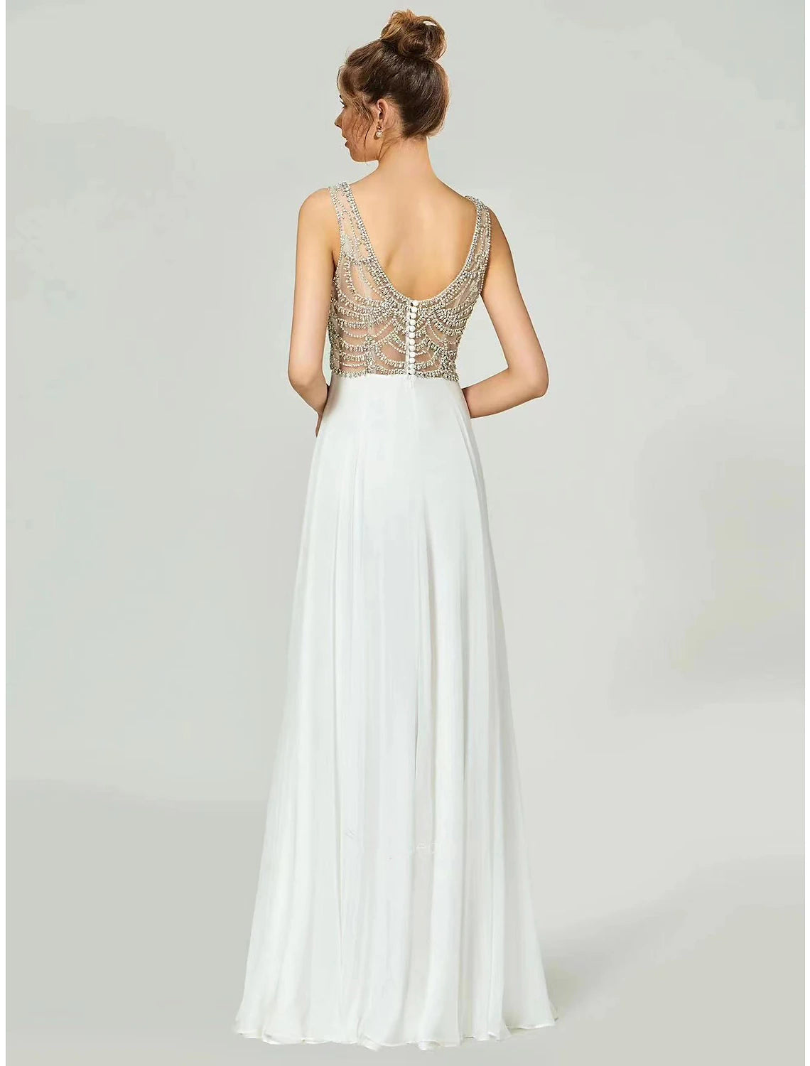 Elegant A-Line V-Neck Open Back Rhinestone Floor Length Evening Gown.