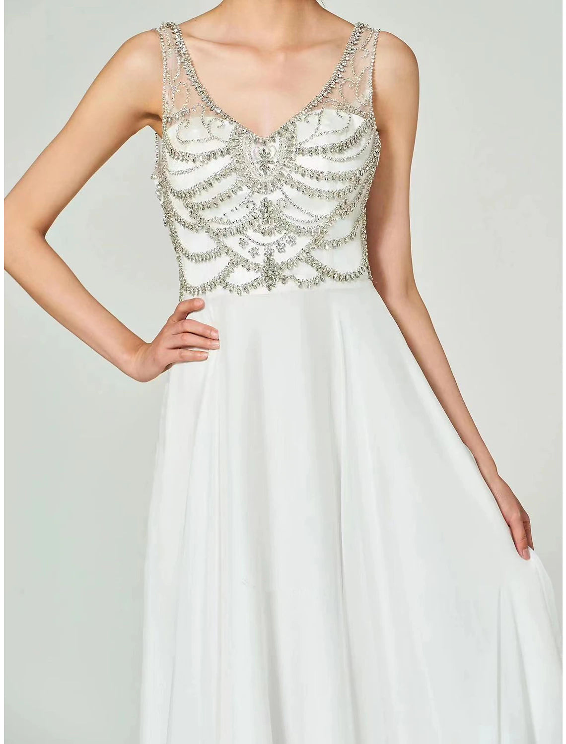 Elegant A-Line V-Neck Open Back Rhinestone Floor Length Evening Gown.