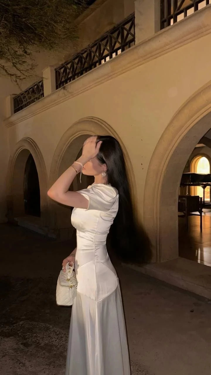 Elegant A-Line V-Neck Puff-Sleeve Ruched Floor-Length Evening Dress