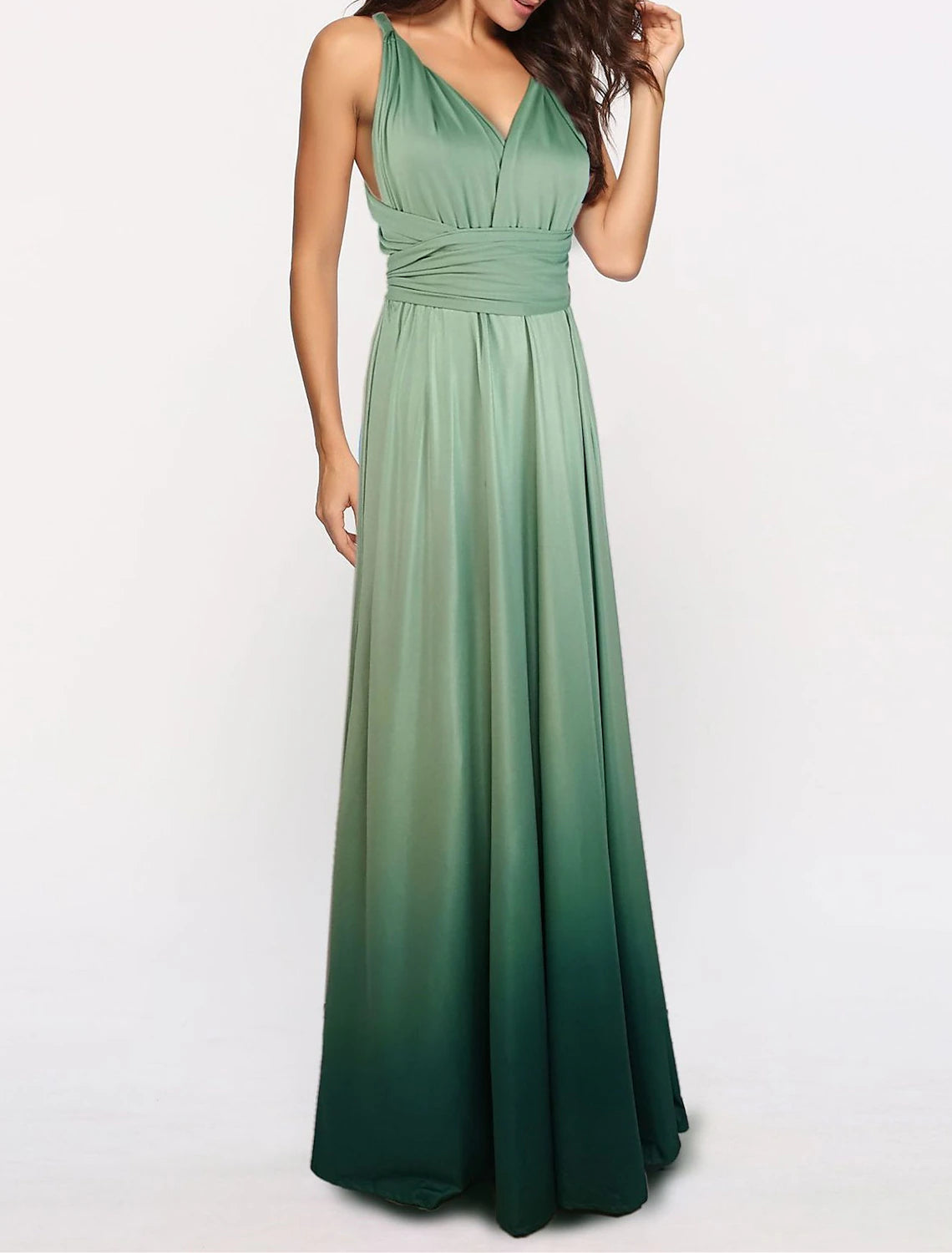 Back view of the A-line V-neck floor length bridesmaid dress.