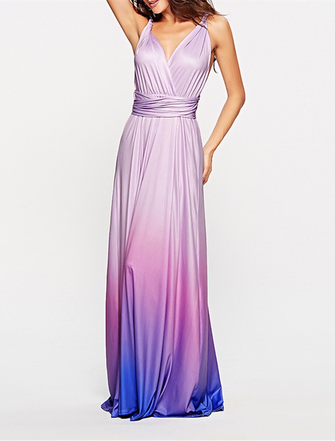 Side profile of the elegant A-line V-neck spandex dress.