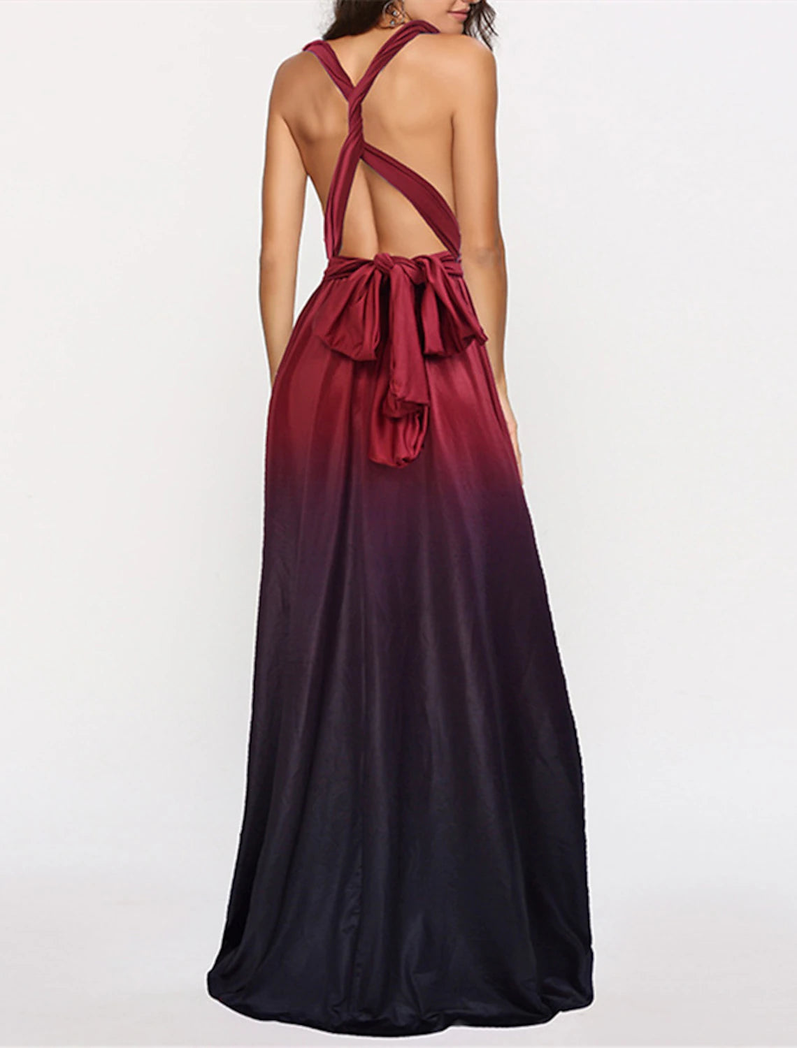 Close-up of the V-neckline and ruching detail on the bridesmaid dress.