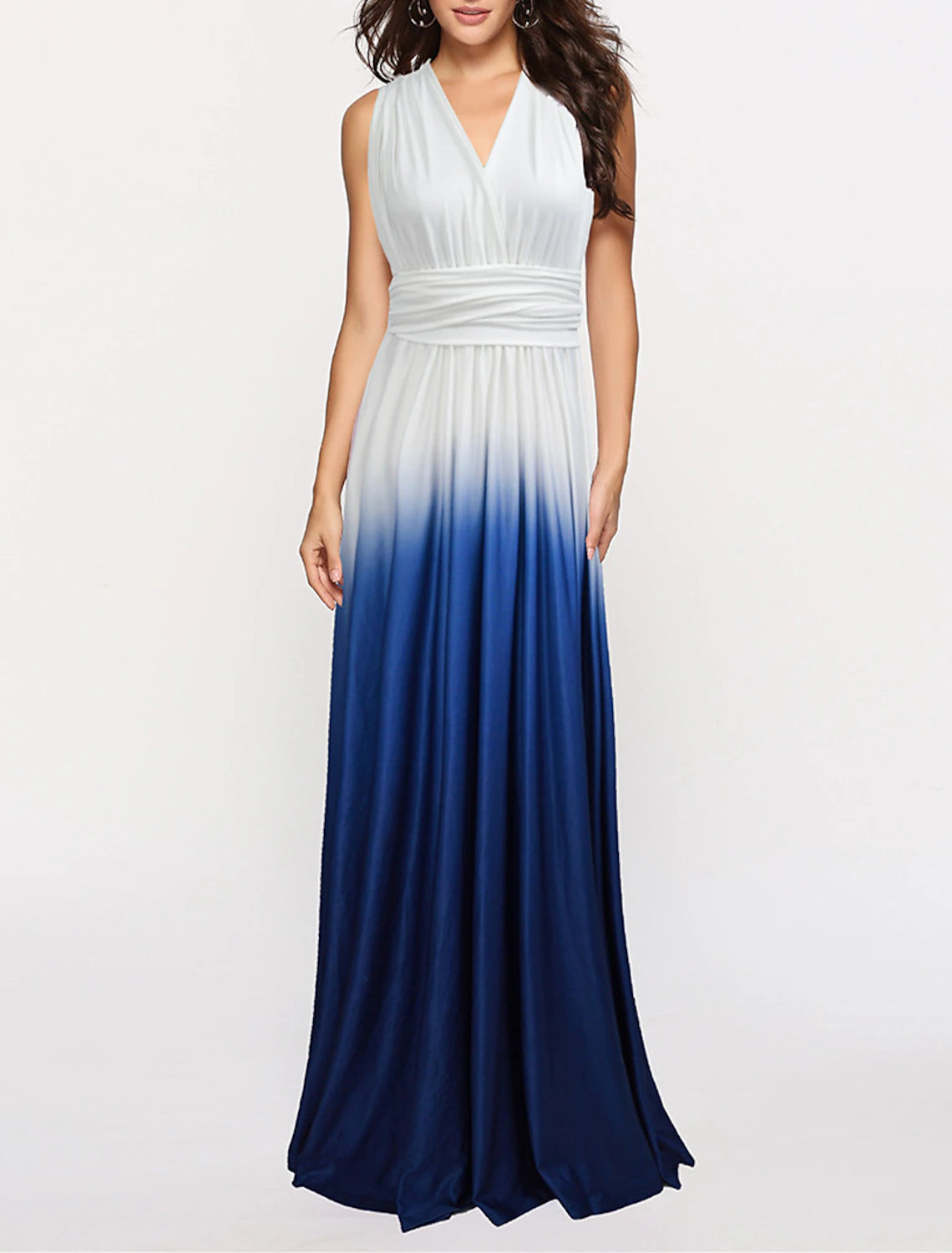 Full length view of the sleeveless A-line bridesmaid dress.