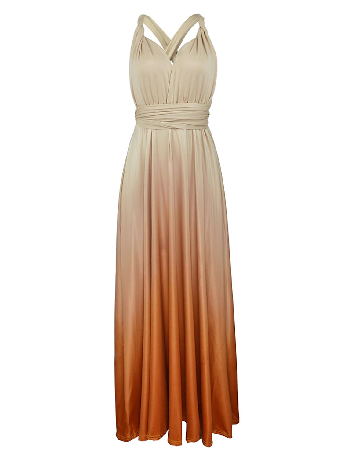 Woman posing in the floor-length A-line V-neck dress.