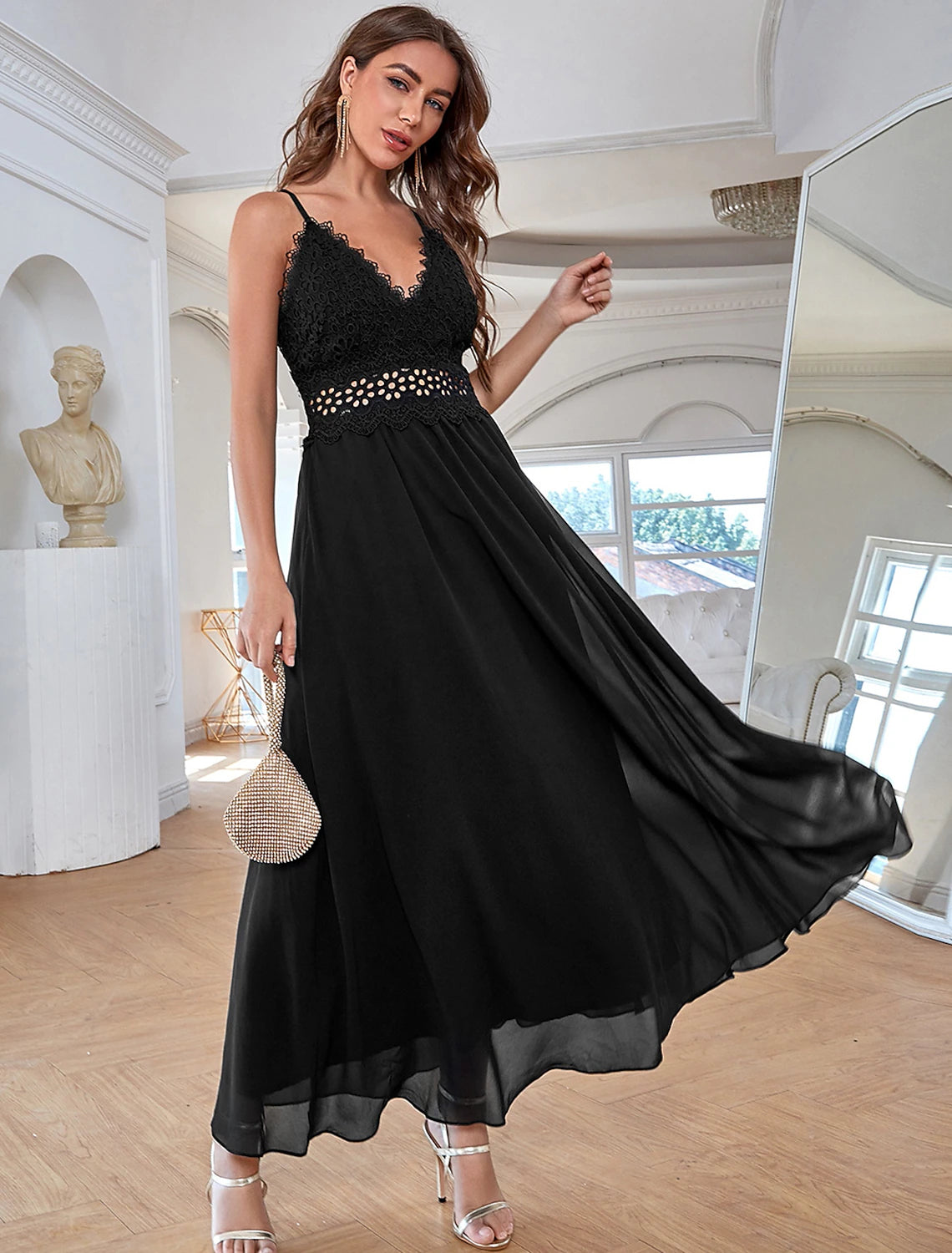 Elegant A-Line V-Neck Sequin Formal Ankle-Length Party Dress.