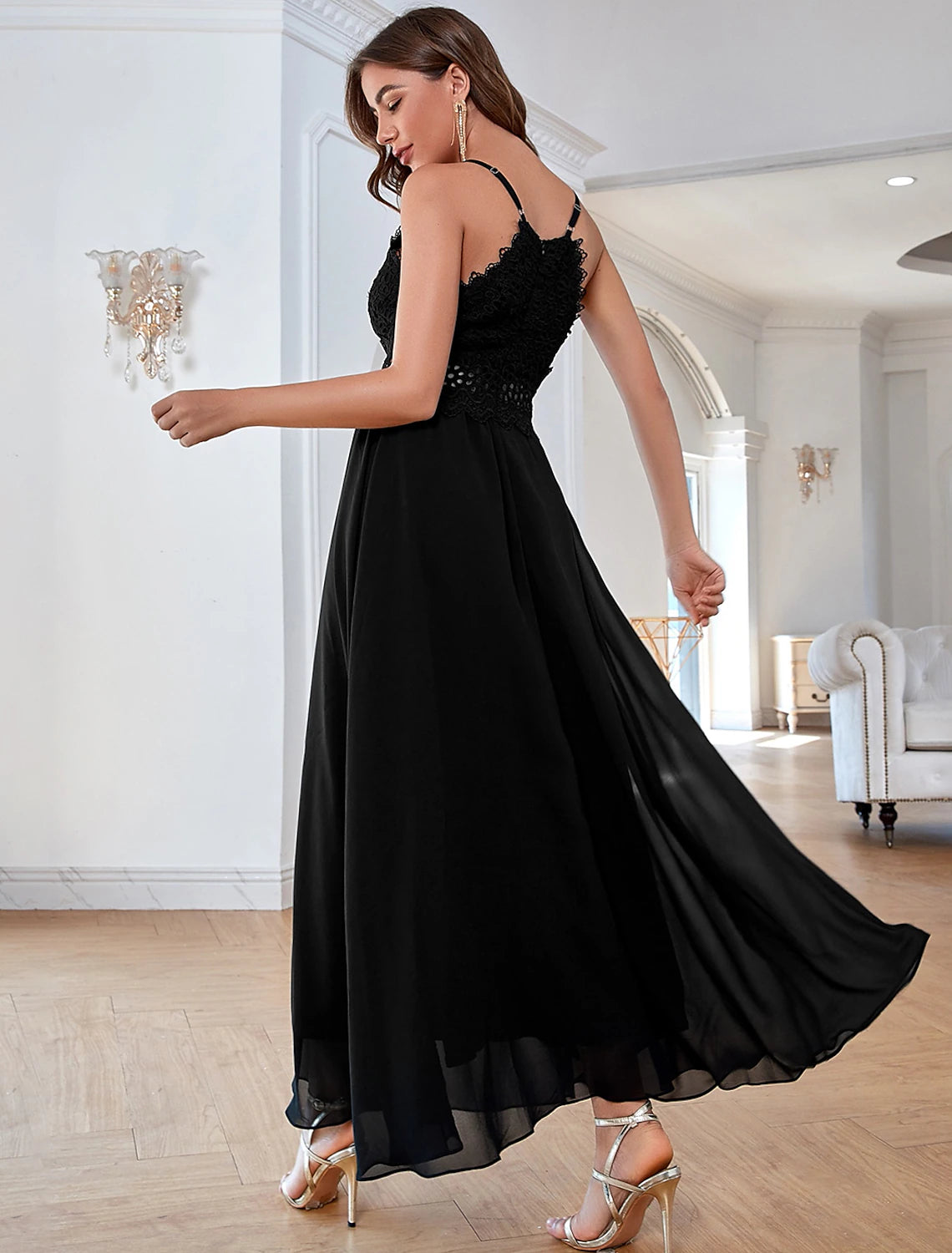 Elegant A-Line V-Neck Sequin Formal Ankle-Length Party Dress.