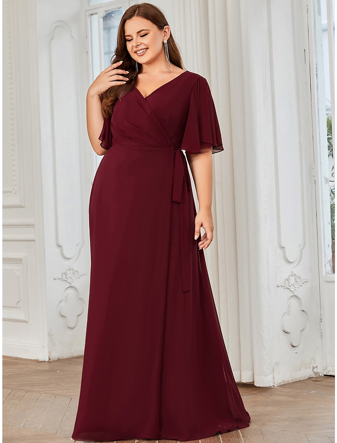 Elegant A-Line V-Neck Short Sleeve Chiffon Ruffled Floor Length Bridesmaid Dress.