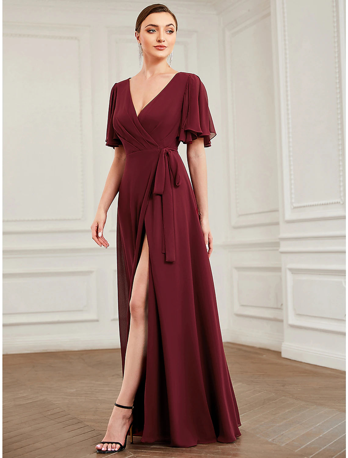 Elegant A-Line V-Neck Short Sleeve Chiffon Ruffled Floor Length Bridesmaid Dress.