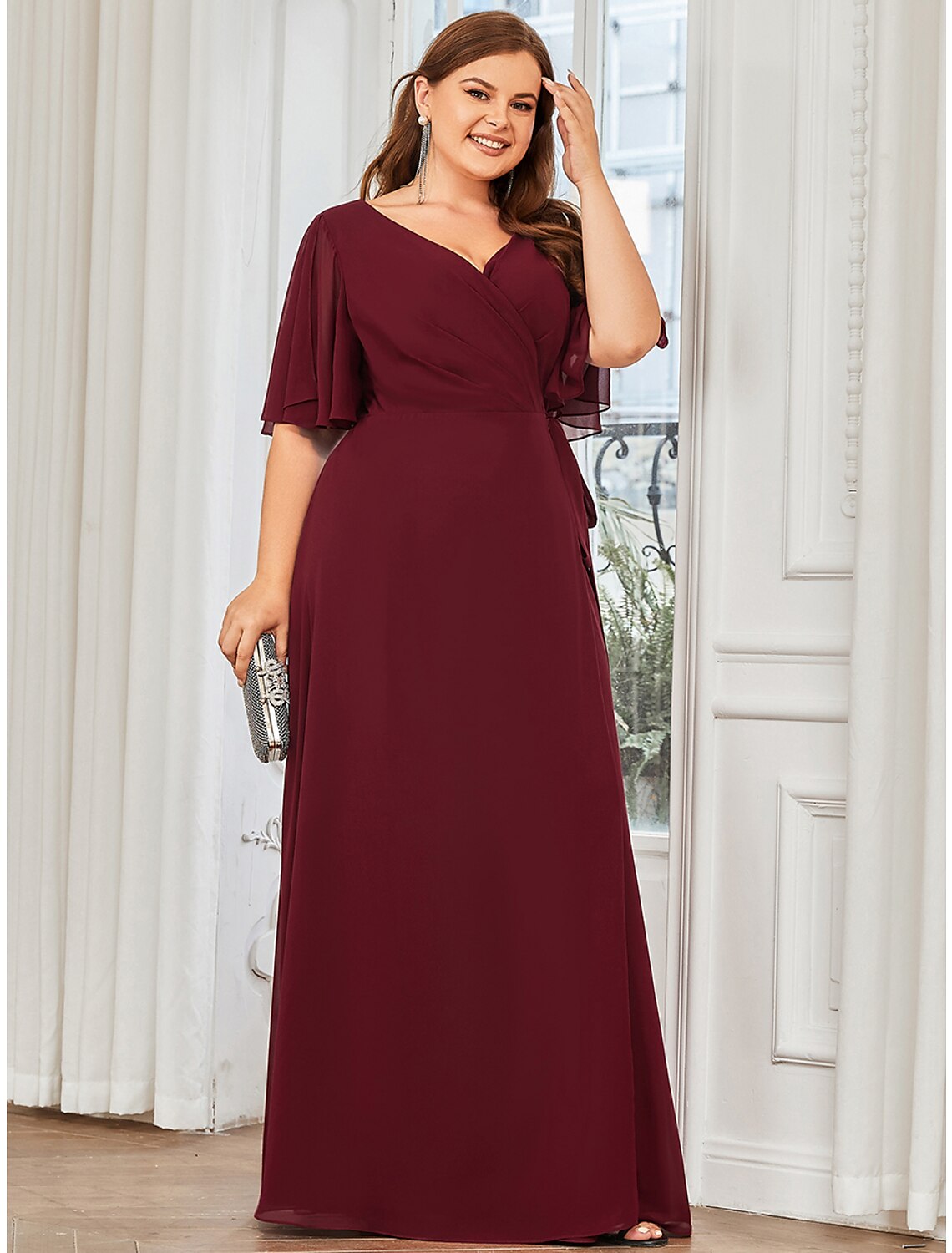 Elegant A-Line V-Neck Short Sleeve Chiffon Ruffled Floor Length Bridesmaid Dress.